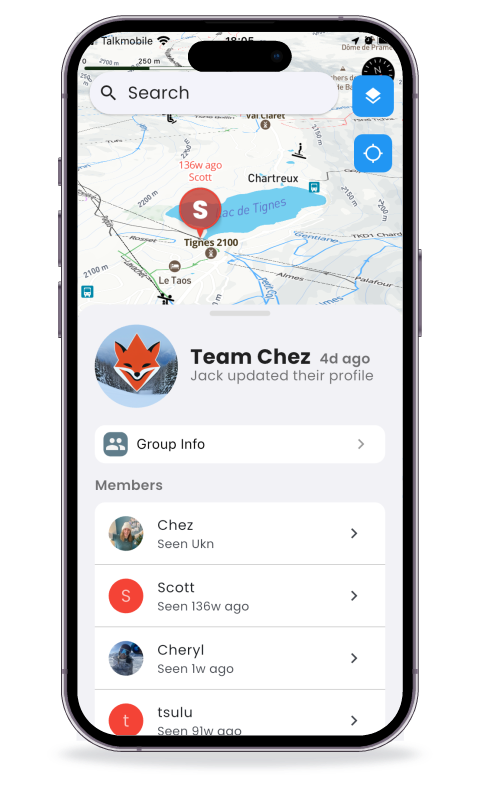 Iphone displaying the Piste App with the Chez Ski Group selected