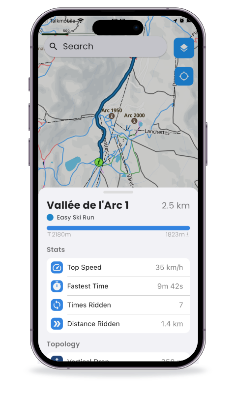 Iphone displaying the Piste App with the Vallée de l'Arc run in les arcs selected