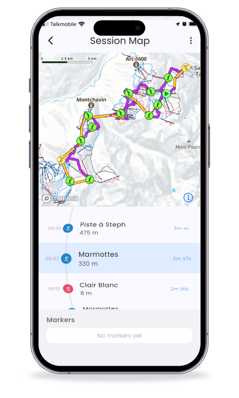 Iphone displaying the Piste App with a days Session Tracking Screen displayed